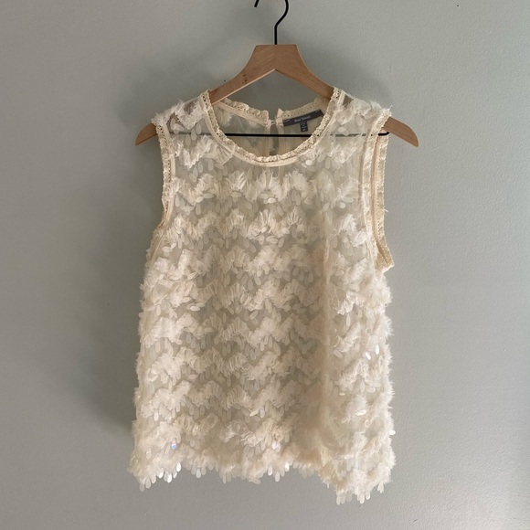 Anthropologie Blue Tassel cream sequin sleeveless sheer blouse size medium - Picture 1 of 6